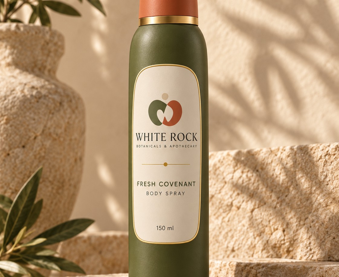 Fresh Covenant Body Spray in its tall softened-oval aerosol