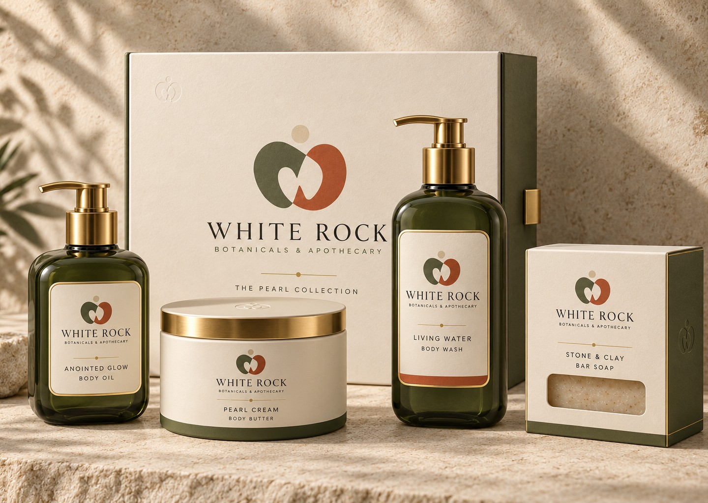 A Whiterock set arranged on a warm stone surface