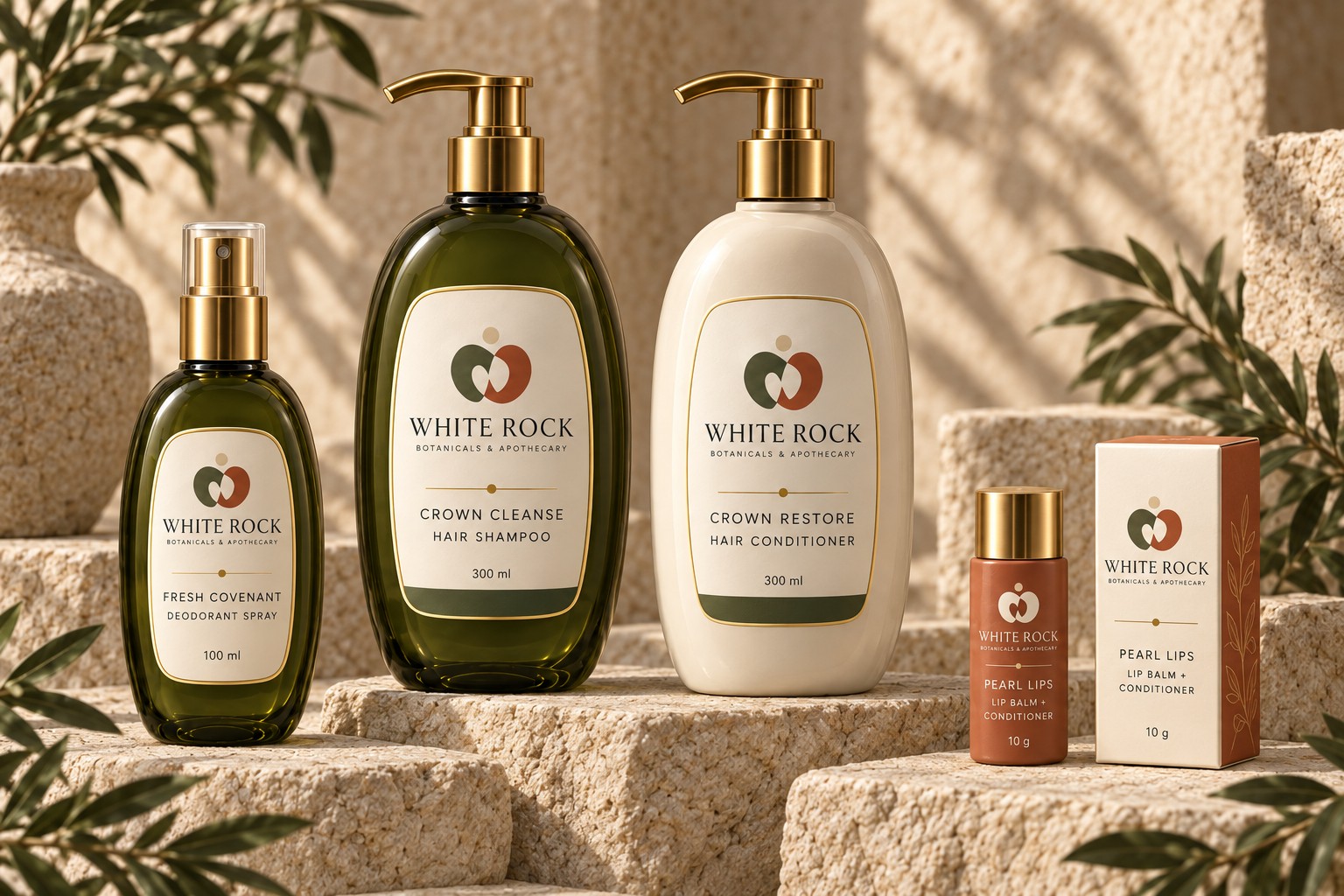 Crown Cleanse, Crown Restore and Pearl Lips on sunlit stone