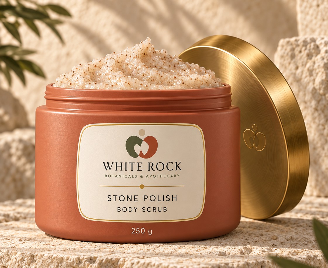 Stone Polish Body Scrub in its low terracotta tub