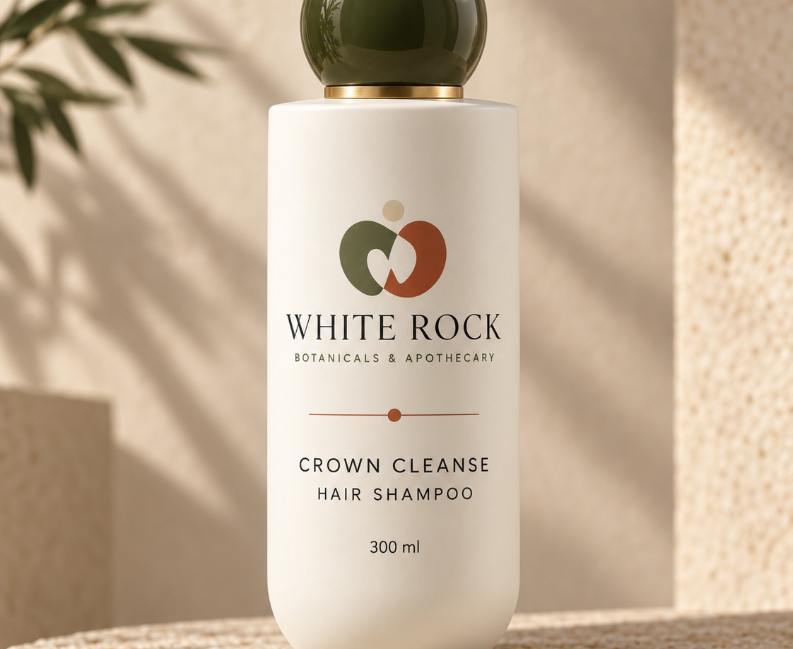 Crown Cleanse Hair Shampoo in its ivory capsule bottle